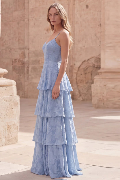 Ethereal Spaghetti Strap Sky Blue Floral Jacquard Tiered Ruffle Maxi Dress with V-Neck and Open Back Prom Dress