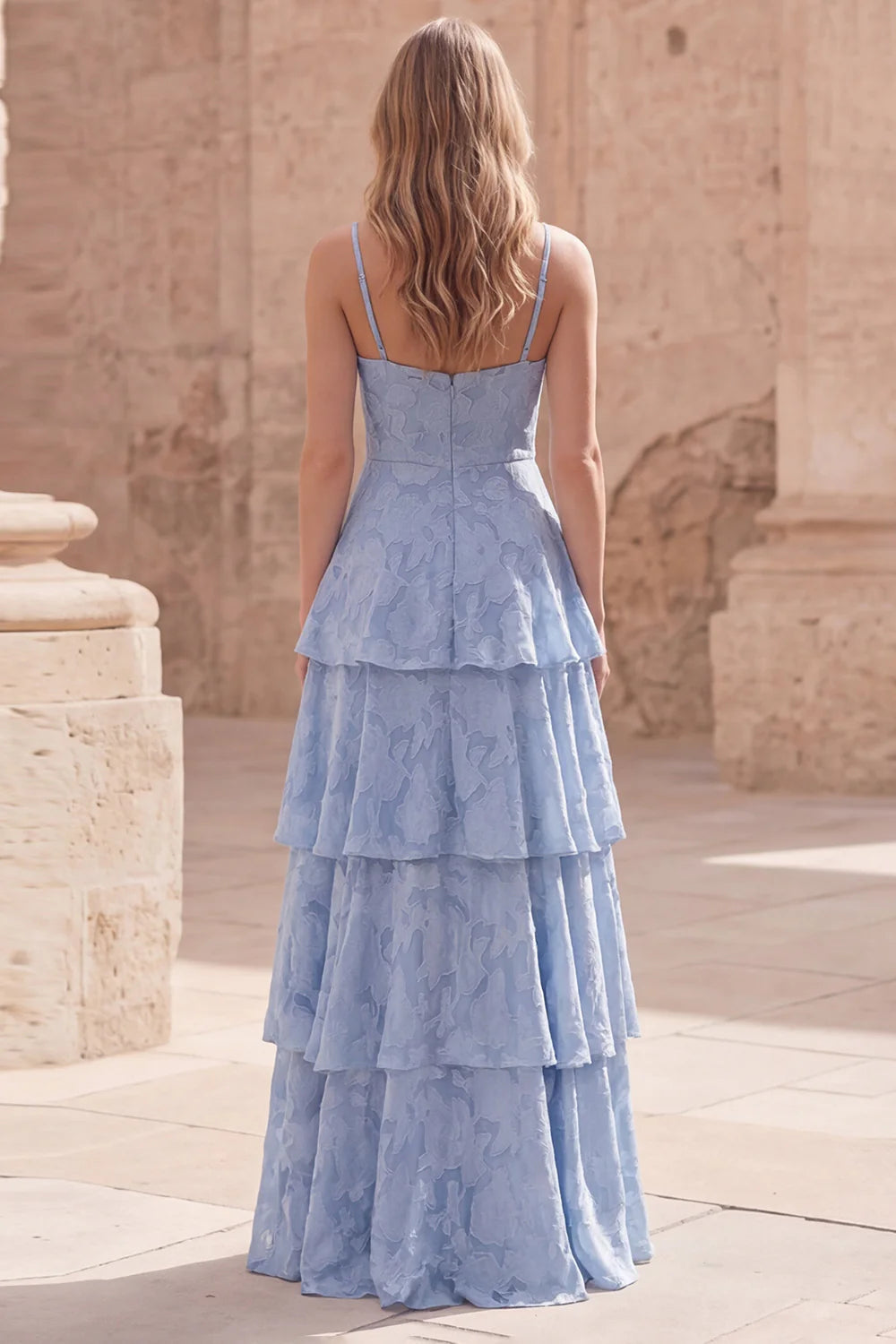 Ethereal Spaghetti Strap Sky Blue Floral Jacquard Tiered Ruffle Maxi Dress with V-Neck and Open Back Prom Dress