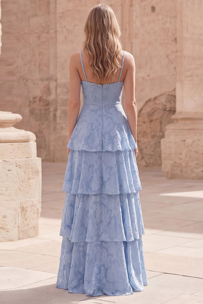Ethereal Spaghetti Strap Sky Blue Floral Jacquard Tiered Ruffle Maxi Dress with V-Neck and Open Back Prom Dress