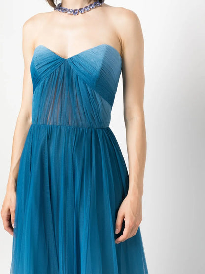 Ethereal Teal Blue Tulle Strapless Prom Dress
