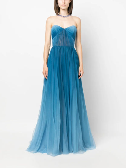 Ethereal Teal Blue Tulle Strapless Prom Dress