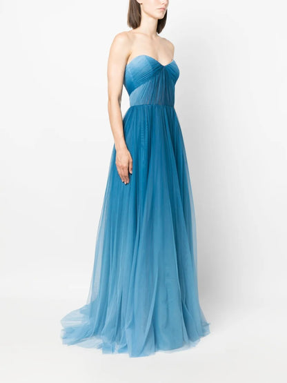 Ethereal Teal Blue Tulle Strapless Prom Dress