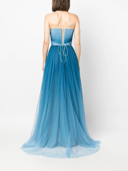 Ethereal Teal Blue Tulle Strapless Prom Dress