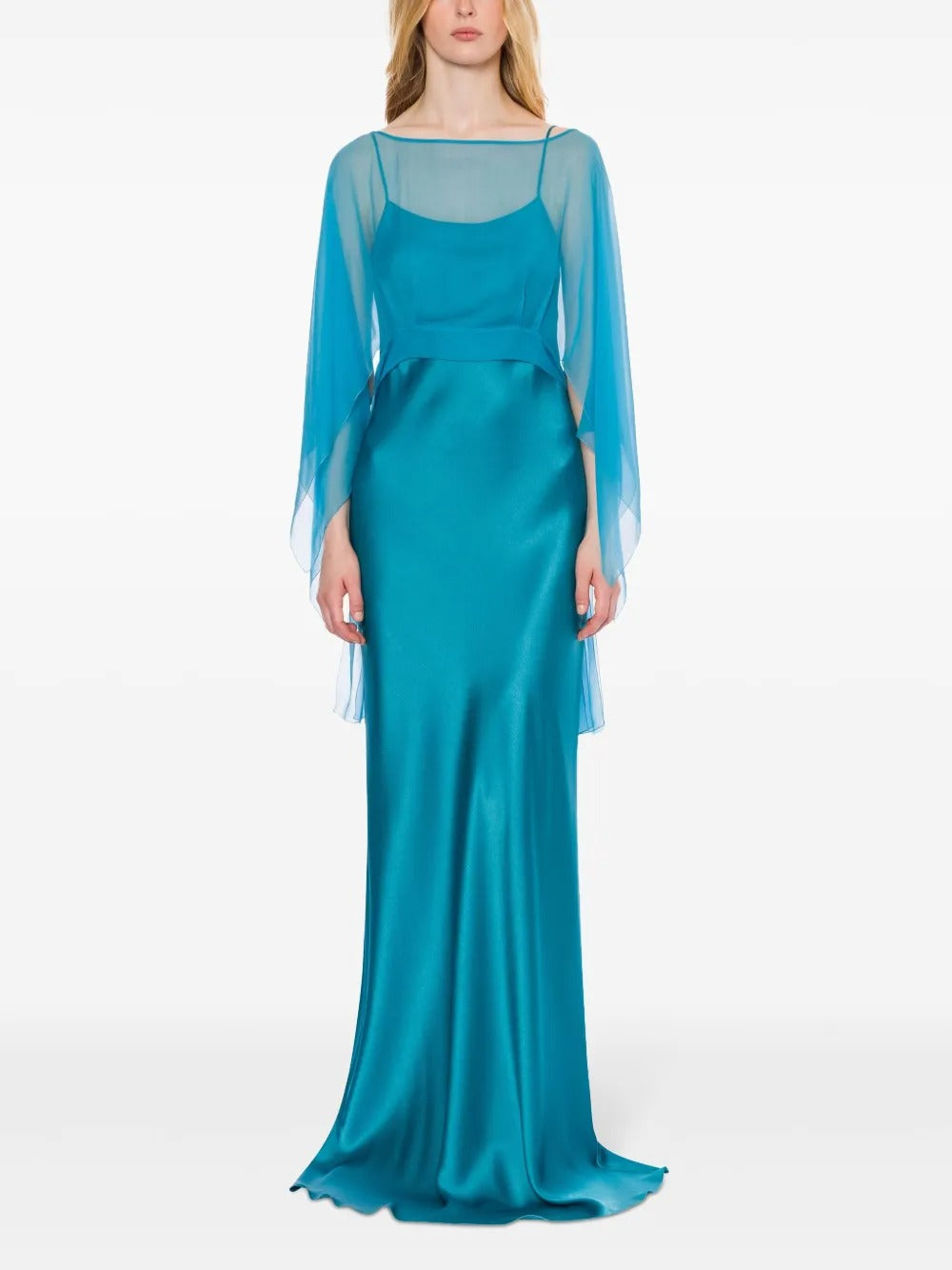 Ethereal Teal Satin & Chiffon Cape-Sleeve Prom Dress