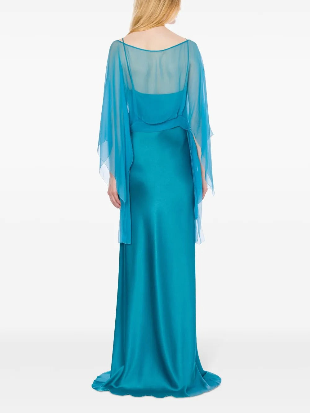 Ethereal Teal Satin & Chiffon Cape-Sleeve Prom Dress