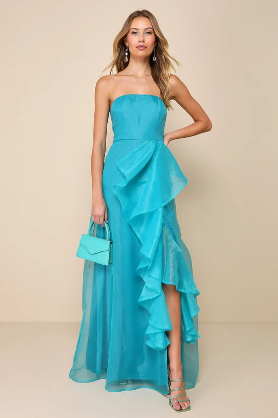 Ethereal Turquoise Strapless Maxi Dress with Asymmetric Ruffle Detail and High Side Slit, Prom Dress