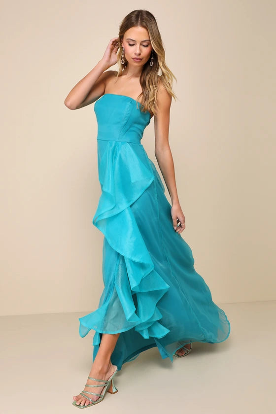 Ethereal Turquoise Strapless Maxi Dress with Asymmetric Ruffle Detail and High Side Slit, Prom Dress