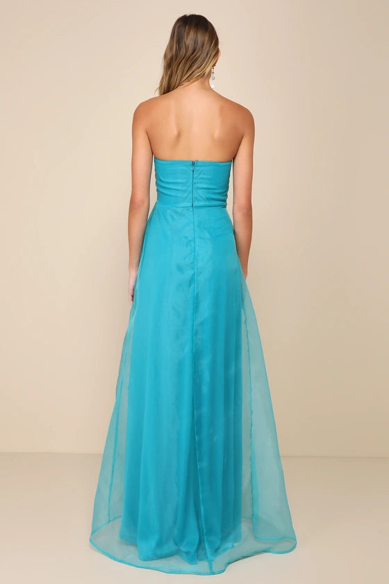 Ethereal Turquoise Strapless Maxi Dress with Asymmetric Ruffle Detail and High Side Slit, Prom Dress
