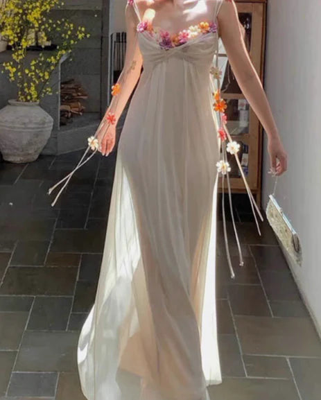 Ethereal A-Line Sweetheart Floral Embellished Fairycore Light Beige Floor-Length Prom Dresses