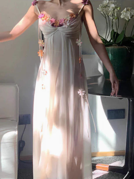Ethereal A-Line Sweetheart Floral Embellished Fairycore Light Beige Floor-Length Prom Dresses