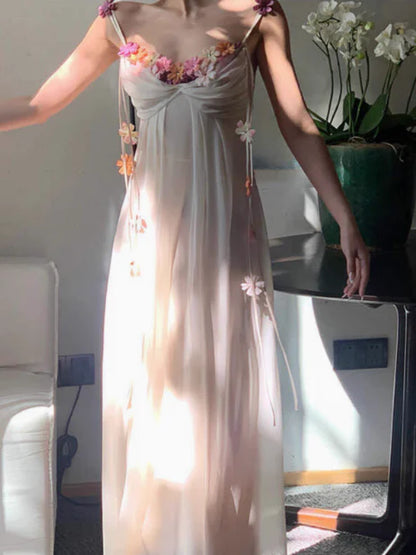 Ethereal A-Line Sweetheart Floral Embellished Fairycore Light Beige Floor-Length Prom Dresses