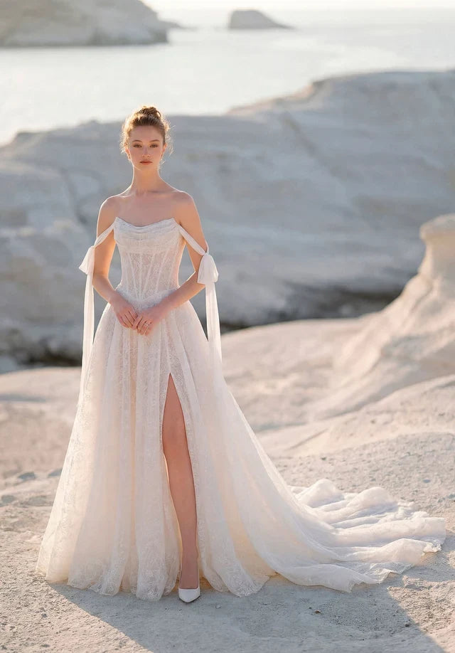 Ethereal A-Line Sweetheart Sleeveless Corset Slit Ivory Wedding Dresses Bridal Gown