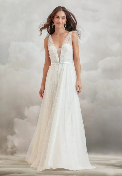 Ethereal A-Line V-Neck Sleeveless Pearl Embellished White Floor-Length Wedding Dresses