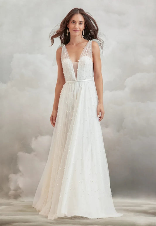 Ethereal A-Line V-Neck Sleeveless Pearl Embellished White Floor-Length Wedding Dresses