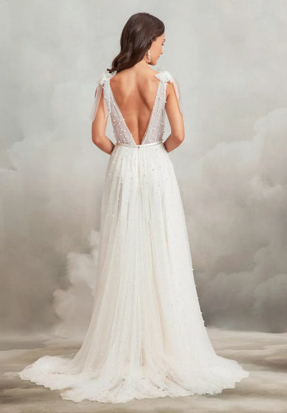 Ethereal A-Line V-Neck Sleeveless Pearl Embellished White Floor-Length Wedding Dresses