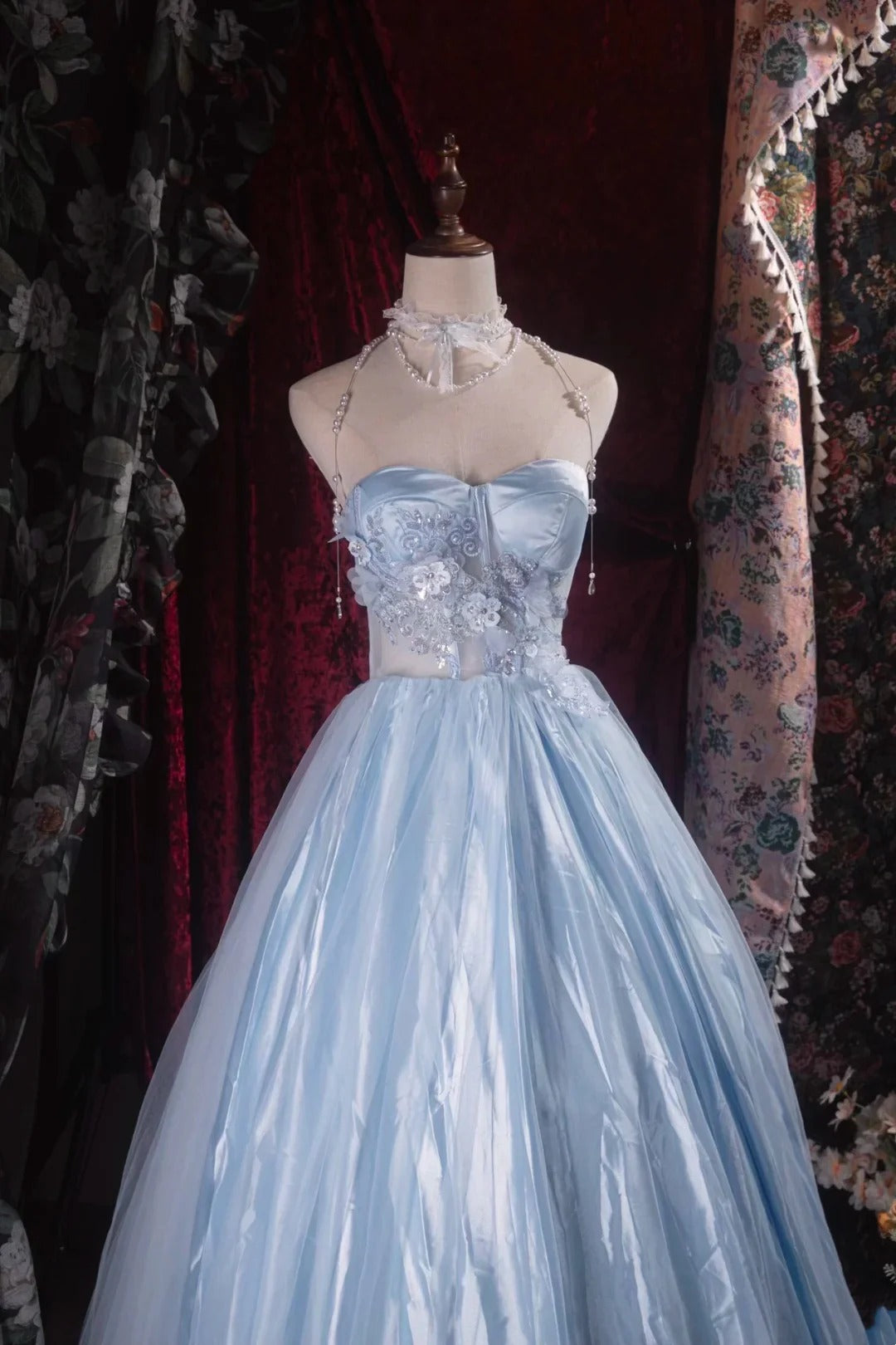 Evening Dress Halter Neck Sky Blue Satin Tulle Ball Gown with 3D Floral Beaded Bodice Lace-Up Back and Matching Pearl Choker