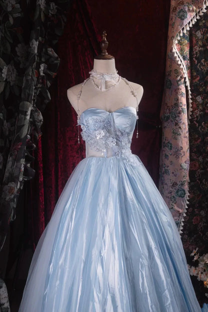 Evening Dress Halter Neck Sky Blue Satin Tulle Ball Gown with 3D Floral Beaded Bodice Lace-Up Back and Matching Pearl Choker