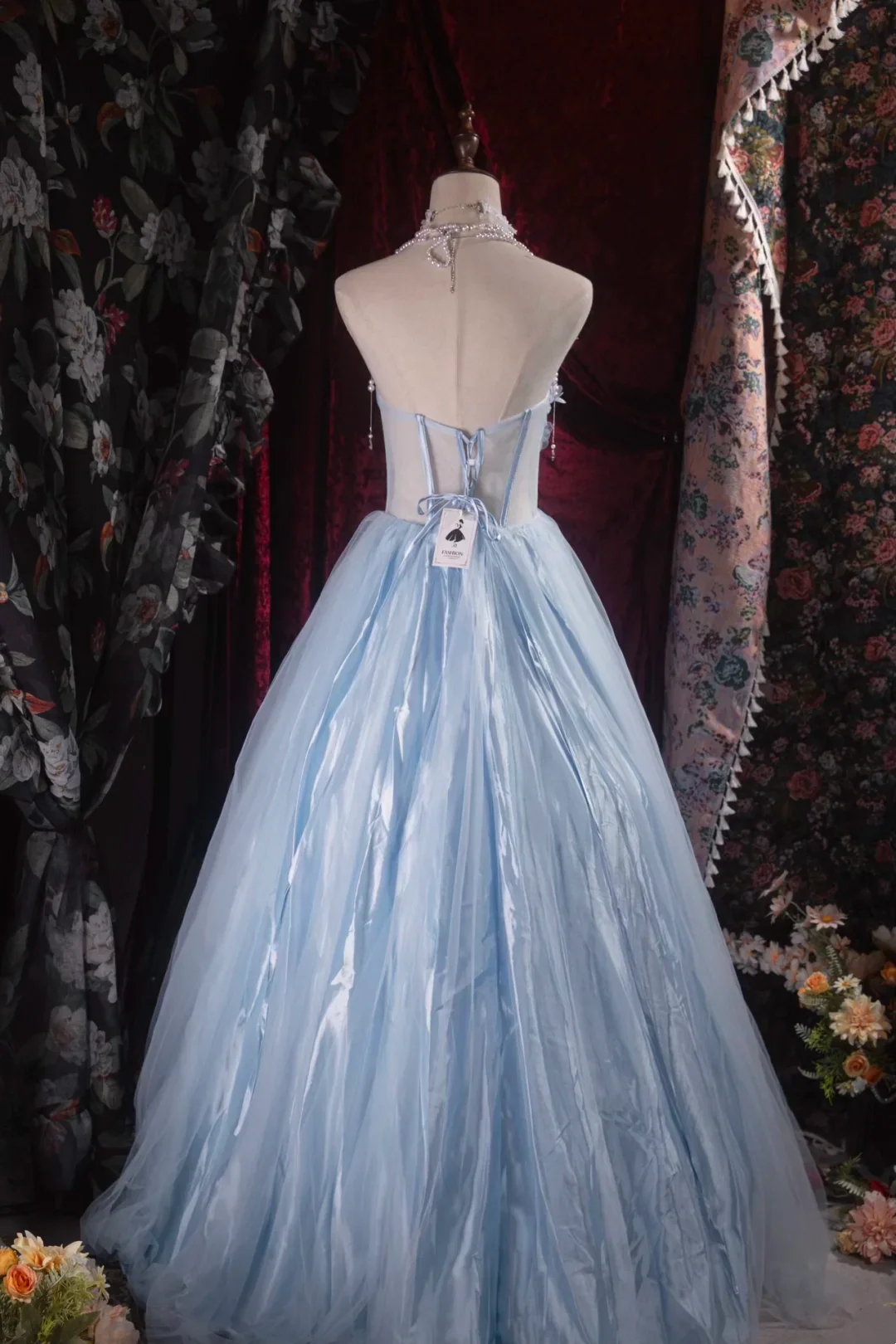 Evening Dress Halter Neck Sky Blue Satin Tulle Ball Gown with 3D Floral Beaded Bodice Lace-Up Back and Matching Pearl Choker