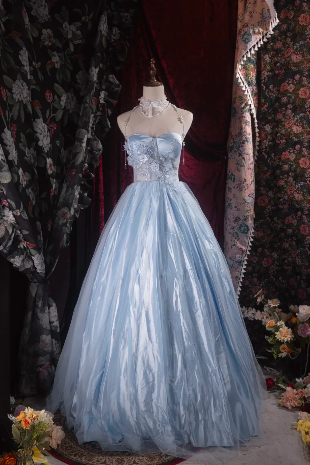 Evening Dress Halter Neck Sky Blue Satin Tulle Ball Gown with 3D Floral Beaded Bodice Lace-Up Back and Matching Pearl Choker