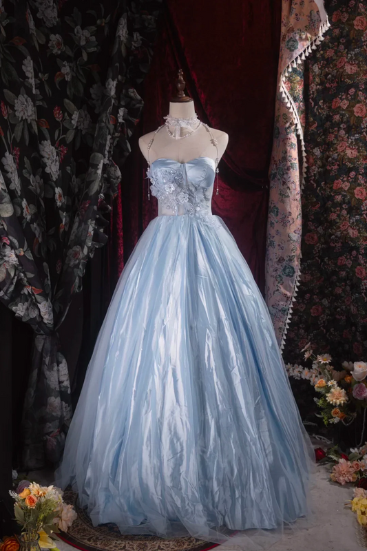 Evening Dress Halter Neck Sky Blue Satin Tulle Ball Gown with 3D Floral Beaded Bodice Lace-Up Back and Matching Pearl Choker