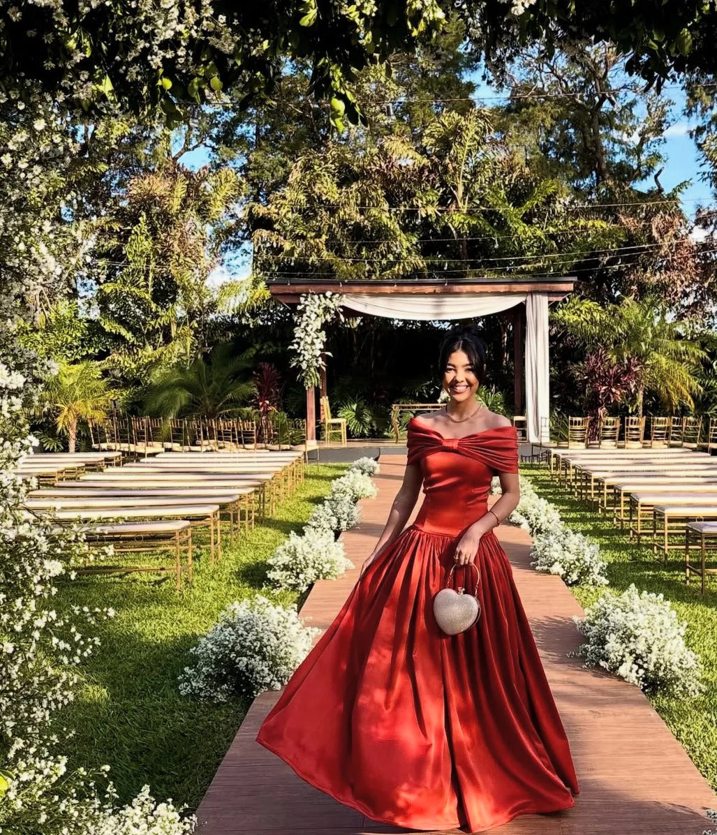 Evening Dress Off-the-Shoulder Red Velvet Ball Gown with Bow Accent and Full Skirt