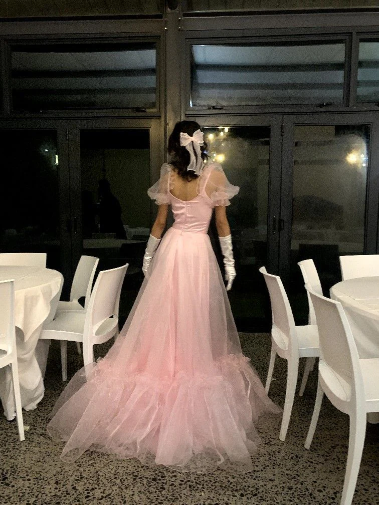 Evening Dress Puff Sleeve Blush Pink Tulle Gown with Sweetheart Neckline Ruffled Hem Train and Lace-Up Back