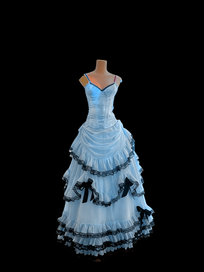 Evening Dress Sleeveless Pink Tulle Ball Gown with Corset Bodice Tiered Ruffle Skirt  Black Lace Trim and Bow Accents