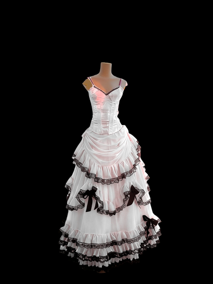 Evening Dress Sleeveless Pink Tulle Ball Gown with Corset Bodice Tiered Ruffle Skirt  Black Lace Trim and Bow Accents