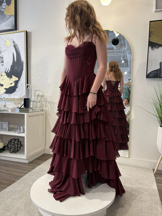 Evening Dress Spaghetti Strap Burgundy Chiffon Gown with Corset Bodice Lace Appliqué Tiered Ruffle Skirt and Lace-Up Back