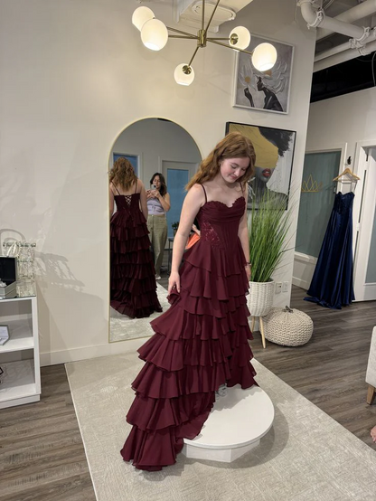 Evening Dress Spaghetti Strap Burgundy Chiffon Gown with Corset Bodice Lace Appliqué Tiered Ruffle Skirt and Lace-Up Back