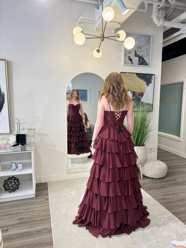 Evening Dress Spaghetti Strap Burgundy Chiffon Gown with Corset Bodice Lace Appliqué Tiered Ruffle Skirt and Lace-Up Back