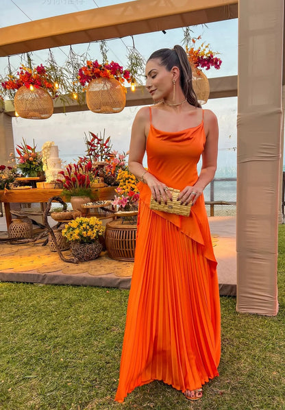 Evening Dress Spaghetti Strap Burnt Orange Satin Maxi Dress with Cowl Neck Asymmetrical Draped Bodice and Pleated Skirt