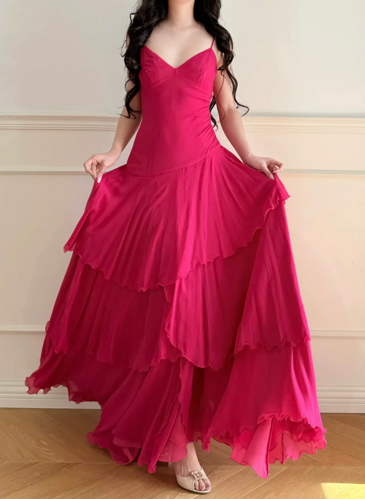 Evening Dress Spaghetti Strap Hot Pink Chiffon Maxi Dress with V-Neck Ruched Bodice and Tiered Ruffle Skirt