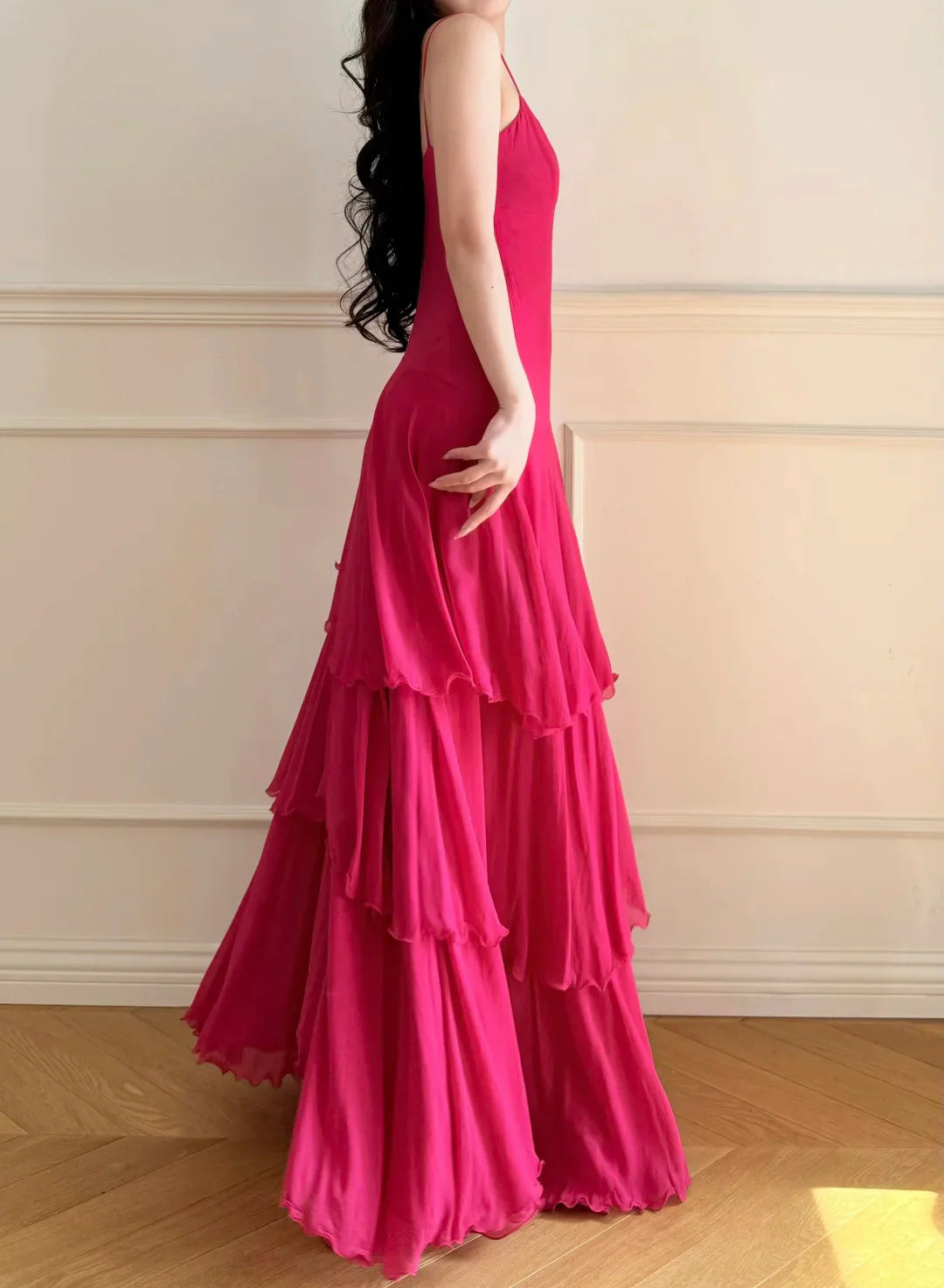 Evening Dress Spaghetti Strap Hot Pink Chiffon Maxi Dress with V-Neck Ruched Bodice and Tiered Ruffle Skirt
