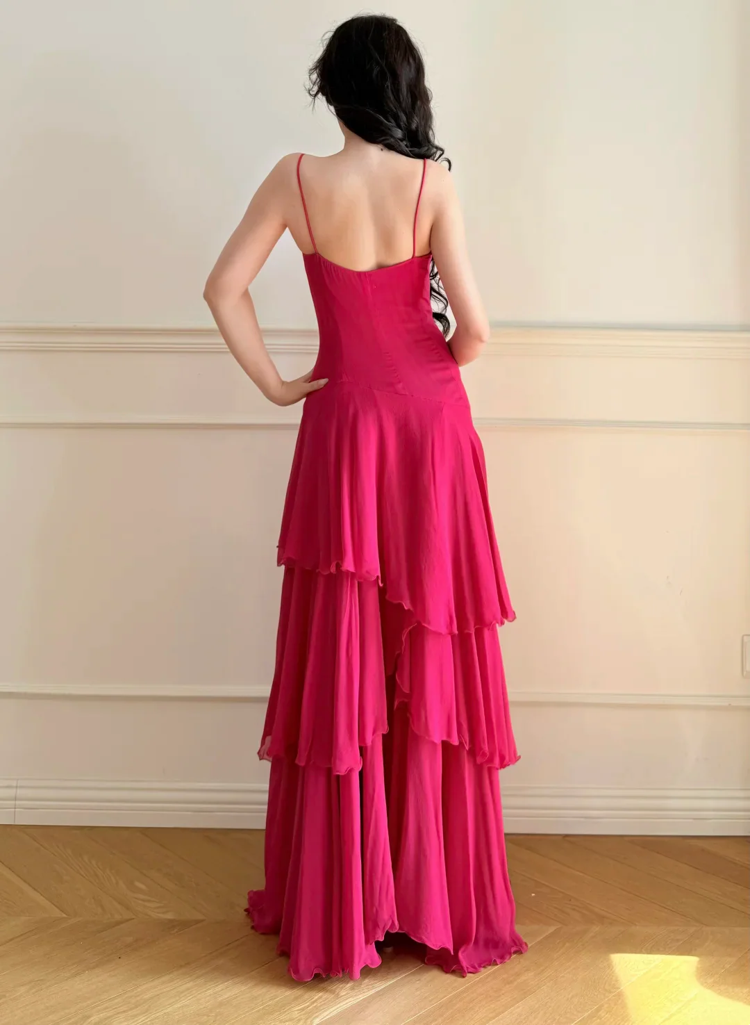 Evening Dress Spaghetti Strap Hot Pink Chiffon Maxi Dress with V-Neck Ruched Bodice and Tiered Ruffle Skirt