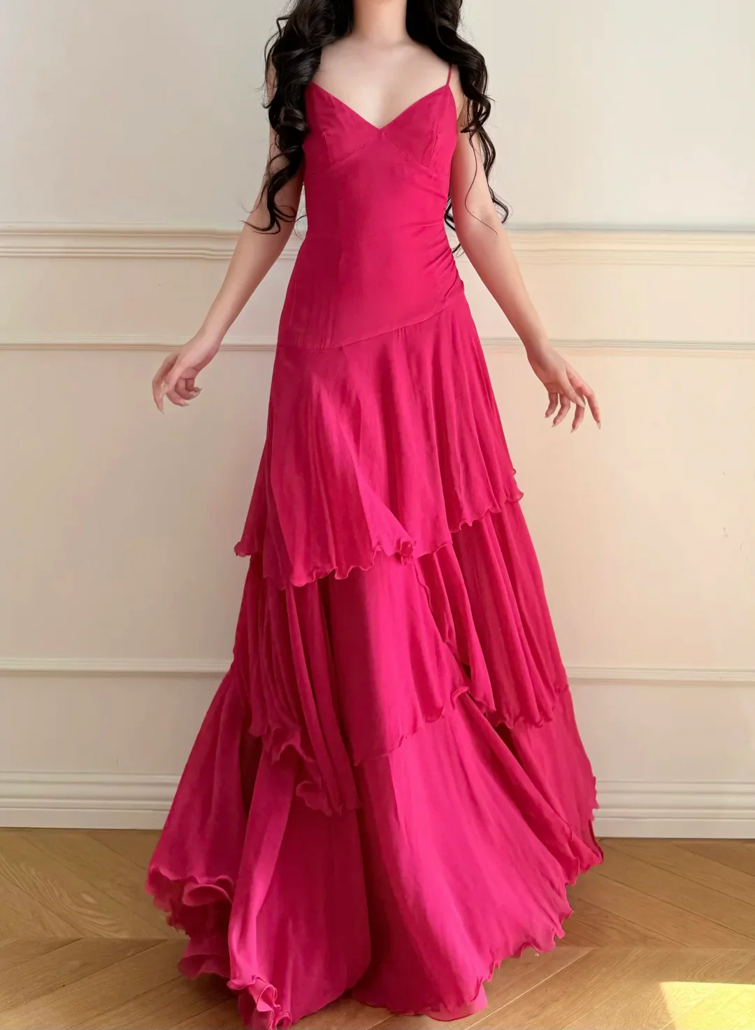 Evening Dress Spaghetti Strap Hot Pink Chiffon Maxi Dress with V-Neck Ruched Bodice and Tiered Ruffle Skirt