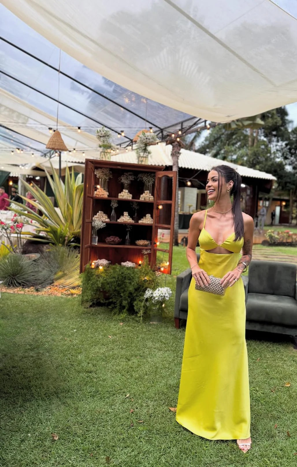 Evening Dress Spaghetti Strap Neon Yellow Satin Maxi Dress with Deep V-Neck Cutout Bodice and Crisscross Back Tie