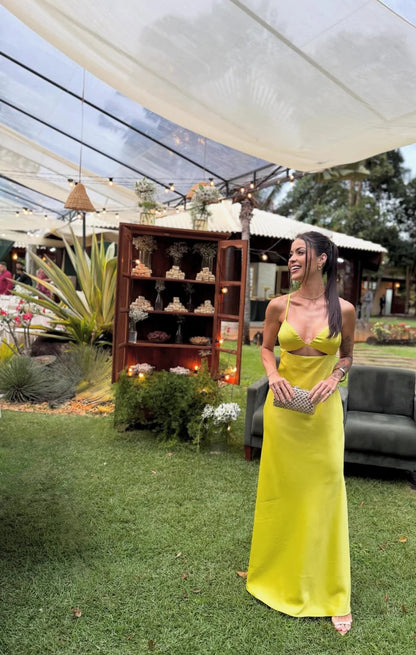 Evening Dress Spaghetti Strap Neon Yellow Satin Maxi Dress with Deep V-Neck Cutout Bodice and Crisscross Back Tie