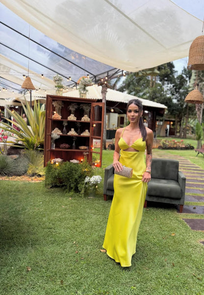 Evening Dress Spaghetti Strap Neon Yellow Satin Maxi Dress with Deep V-Neck Cutout Bodice and Crisscross Back Tie
