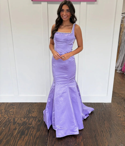 Evening Dress Square Neck Lavender Satin Mermaid Gown with Pearl Trim Open Back and Tie Closure