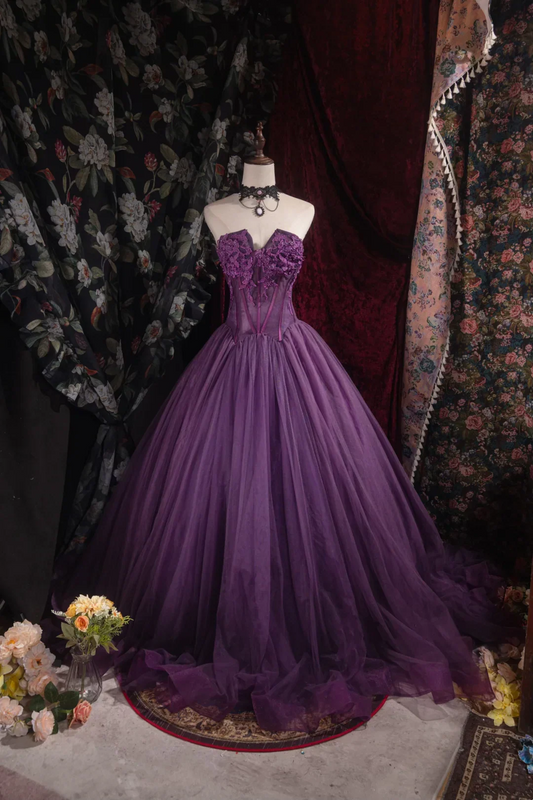 Evening Dress Strapless Plum Purple Tulle Ball Gown with 3D Floral Lace Bodice Corset Boning, Lace-Up Back and Matching Gothic Choker