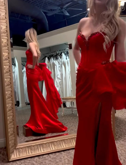 Evening Dress Strapless Red Satin Mermaid Gown with Beaded Sweetheart Neckline High Slit and Ruffled Train