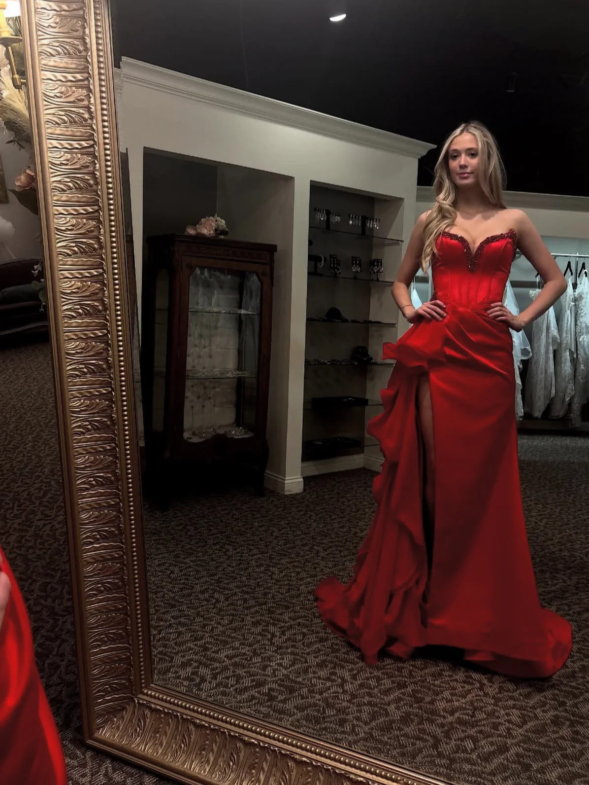 Evening Dress Strapless Red Satin Mermaid Gown with Beaded Sweetheart Neckline High Slit and Ruffled Train