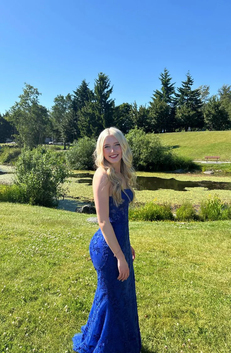 Evening Dress Strapless Royal Blue Lace Mermaid Gown with High Slit Lace-Up Back and Train