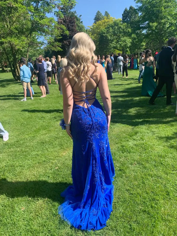 Evening Dress Strapless Royal Blue Lace Mermaid Gown with High Slit Lace-Up Back and Train