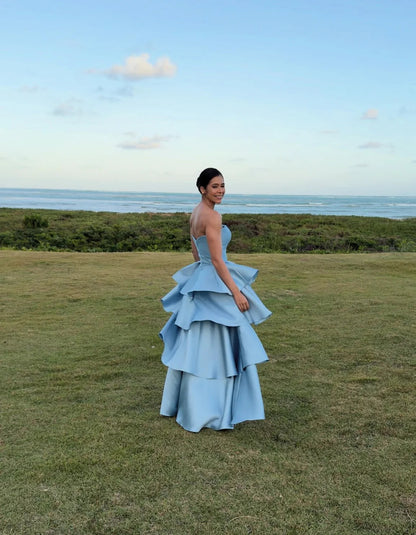 Evening Dress Strapless Sky Blue Satin High-Low Gown with Tiered Ruffle Skirt and Open Back