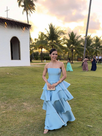 Evening Dress Strapless Sky Blue Satin High-Low Gown with Tiered Ruffle Skirt and Open Back