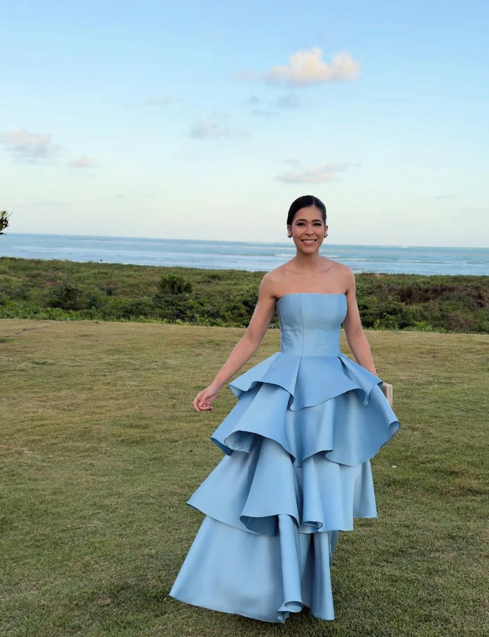 Evening Dress Strapless Sky Blue Satin High-Low Gown with Tiered Ruffle Skirt and Open Back