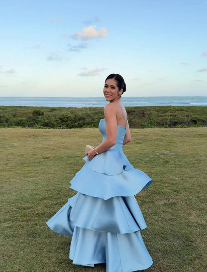 Evening Dress Strapless Sky Blue Satin High-Low Gown with Tiered Ruffle Skirt and Open Back