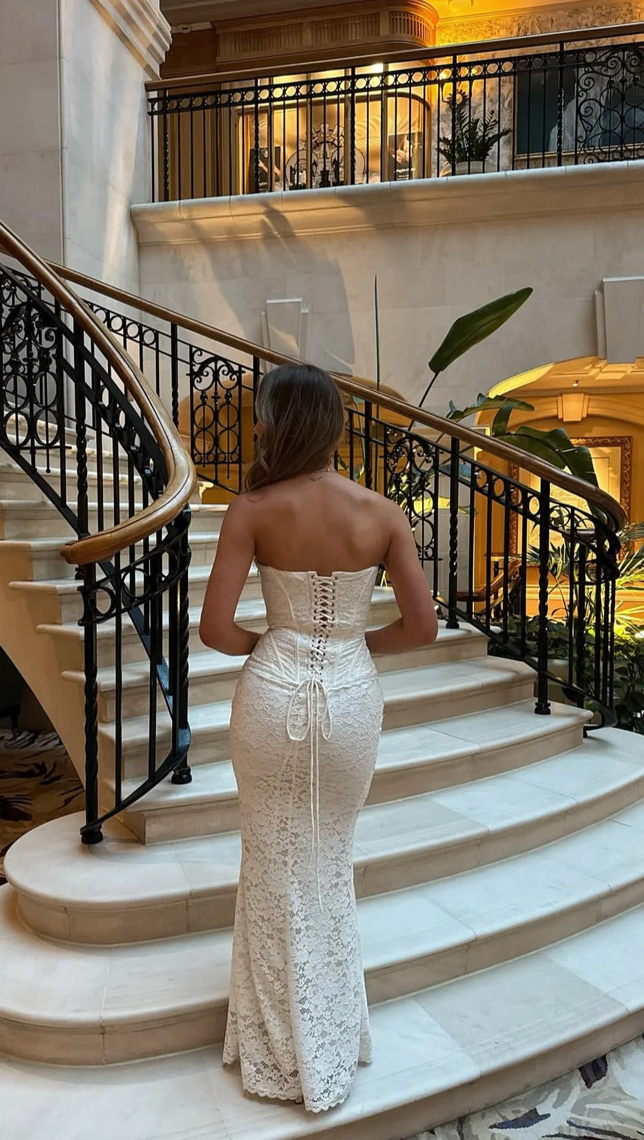 Evening Dress Strapless White Lace Mermaid Gown with Corset Bodice and Lace-Up Back